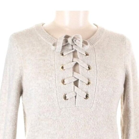 Lace-Up Knit Sweater Dress M Wool Shift Long Sleeve Beige Cozy Ribbed Hem Detail - Picture 3 of 10